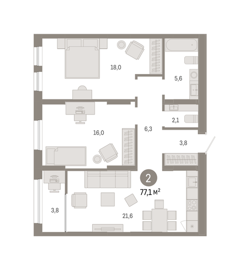 Продажа 2-комнатной квартиры 77,1 м², 14/15 этаж