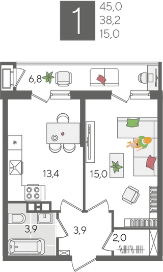 Продажа 1-комнатной квартиры 45 м², 3/24 этаж