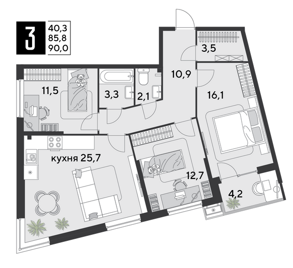 Продажа 3-комнатной квартиры 90 м², 2/18 этаж