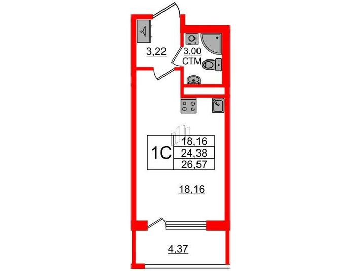 Продажа квартиры-студии 24,4 м², 2/4 этаж