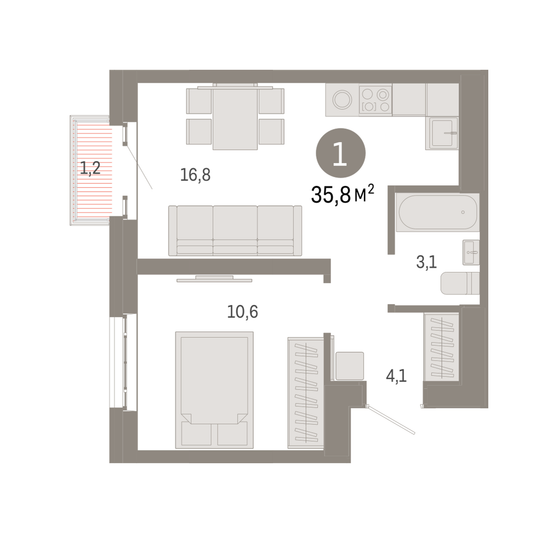 Продажа 1-комнатной квартиры 35,8 м², 21/31 этаж