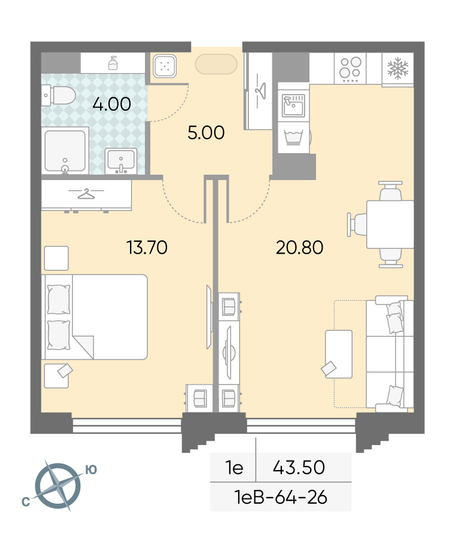 Продажа 1-комнатной квартиры 43,5 м², 26/58 этаж