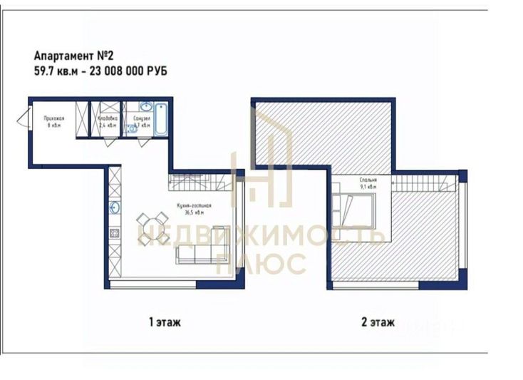 Продажа 1-комнатной квартиры 59,7 м², 2/2 этаж