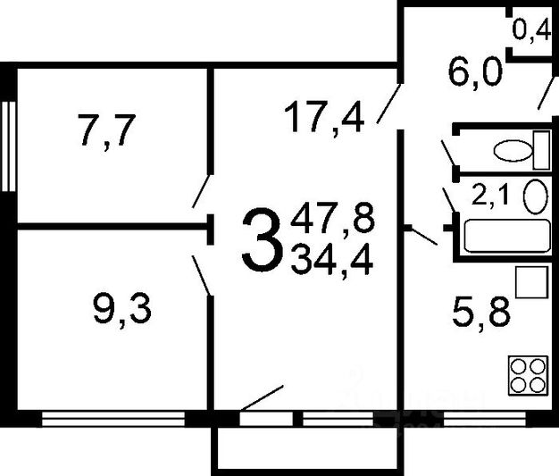 Продажа 3-комнатной квартиры 48 м², 1/5 этаж