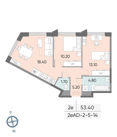 Продажа 2-комнатной квартиры 53,4 м², 10/58 этаж
