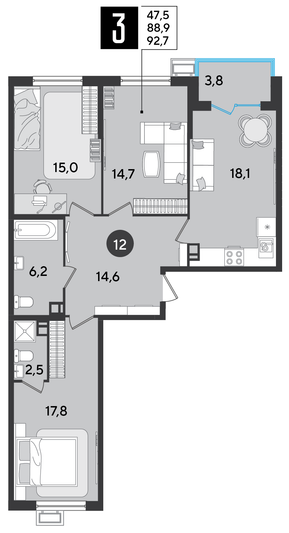 Продажа 3-комнатной квартиры 92,7 м², 3/9 этаж