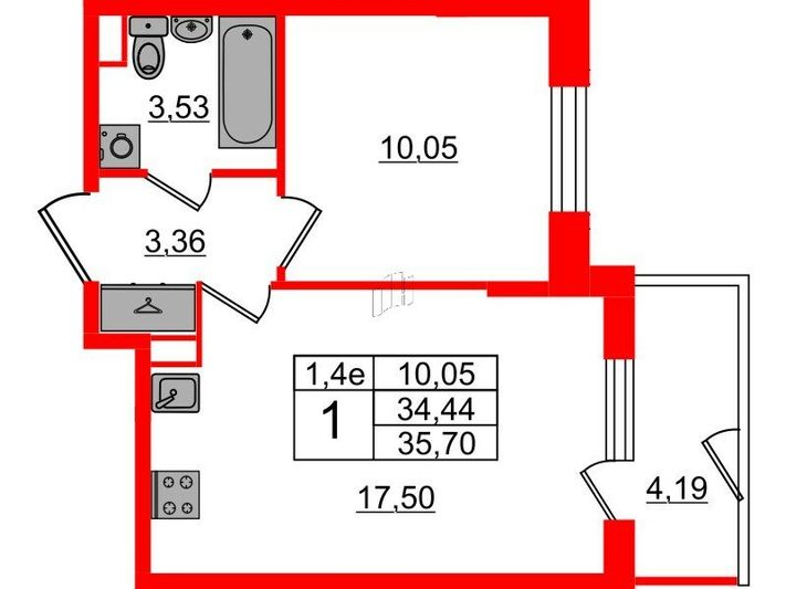 Продажа 1-комнатной квартиры 34,4 м², 1/5 этаж