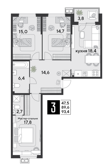 Продажа 3-комнатной квартиры 93,4 м², 2/9 этаж