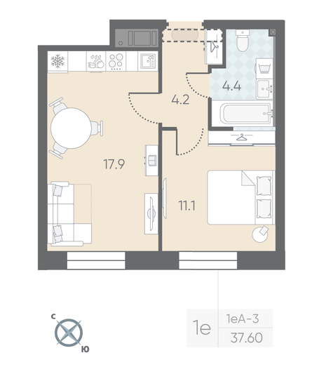 Продажа 1-комнатной квартиры 37,6 м², 5/12 этаж