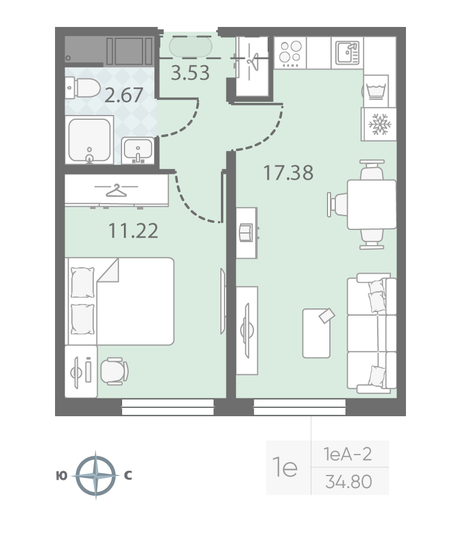 Продажа 1-комнатной квартиры 34,8 м², 15/23 этаж