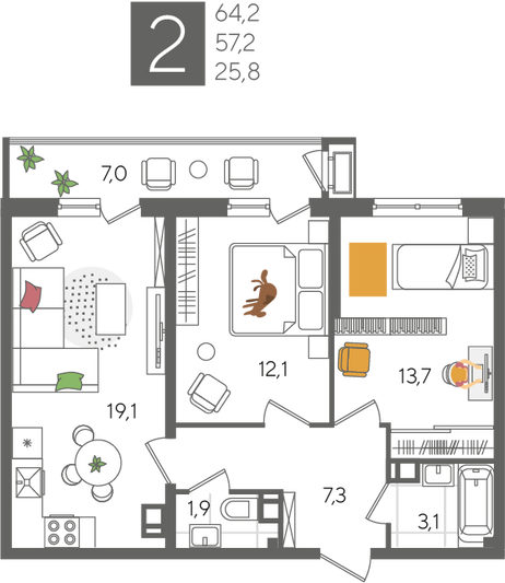 Продажа 2-комнатной квартиры 64,2 м², 4/24 этаж