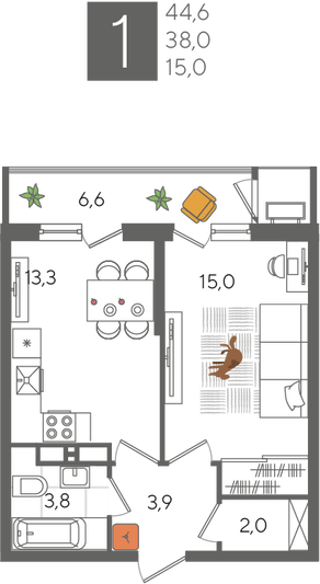 Продажа 1-комнатной квартиры 44,6 м², 22/24 этаж