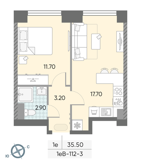 Продажа 1-комнатной квартиры 35,5 м², 3/58 этаж