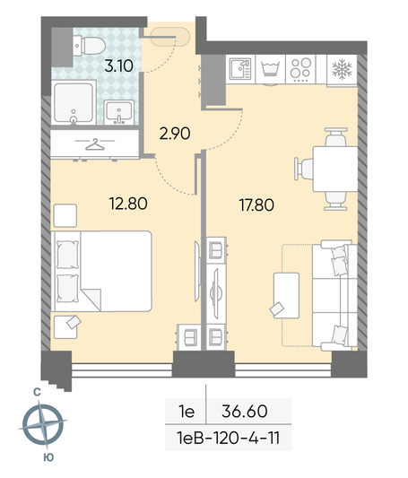 Продажа 1-комнатной квартиры 36,6 м², 8/58 этаж