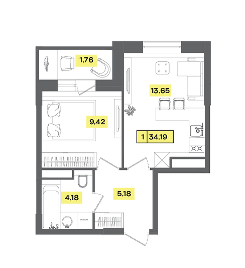 Продажа 2-комнатной квартиры 34,2 м², 5 этаж