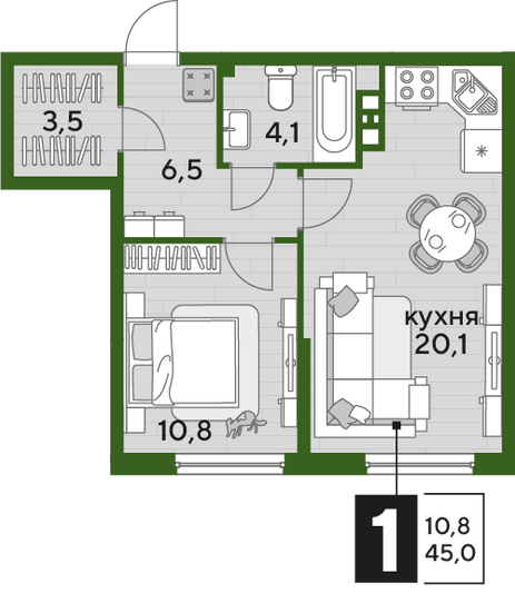 Продажа 1-комнатной квартиры 45 м², 6/19 этаж