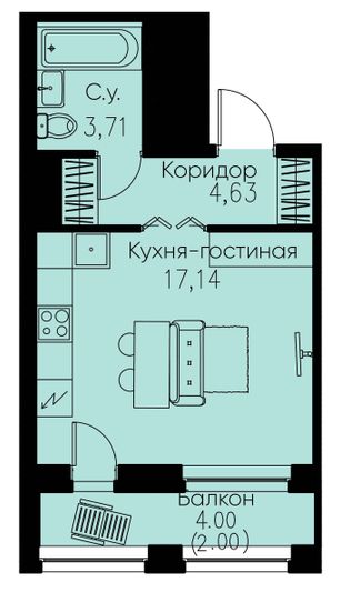 Продажа квартиры-студии 27,5 м², 3/11 этаж