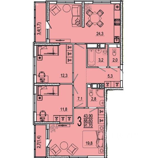 Продажа 3-комнатной квартиры 91,7 м², 8/24 этаж