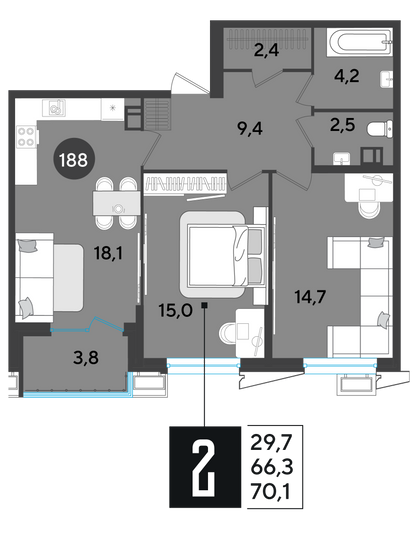 Продажа 2-комнатной квартиры 70,1 м², 6/9 этаж