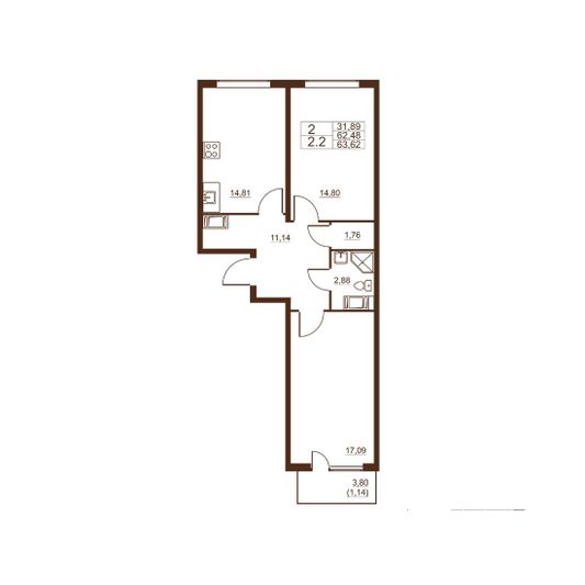 Продажа 2-комнатной квартиры 63,6 м², 11/11 этаж