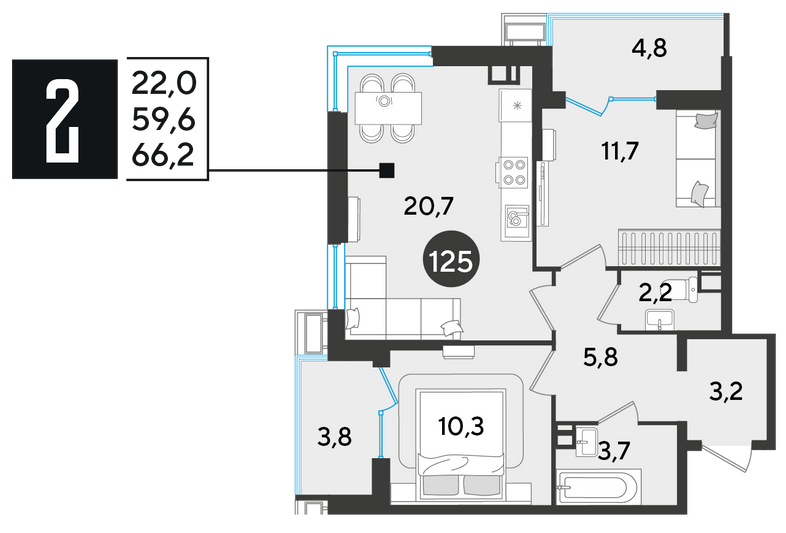 Продажа 2-комнатной квартиры 66,2 м², 7/18 этаж