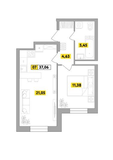 Продажа 2-комнатной квартиры 37,1 м², 1 этаж