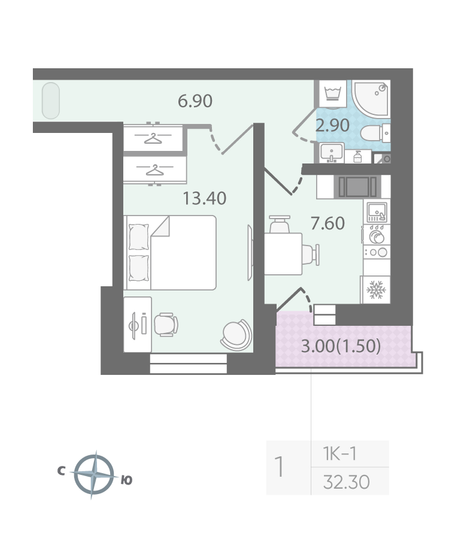 Продажа 1-комнатной квартиры 32,3 м², 12/25 этаж