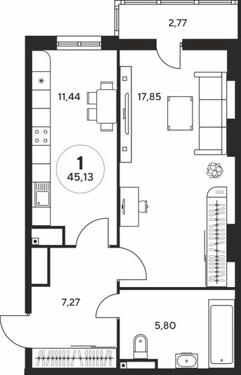 Продажа 1-комнатной квартиры 45 м², 25 этаж