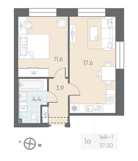 Продажа 1-комнатной квартиры 37,5 м², 3/10 этаж