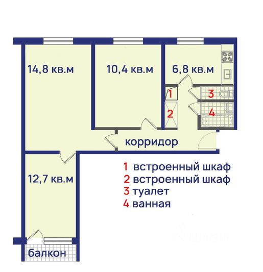Продажа 3-комнатной квартиры 64,1 м², 9/12 этаж