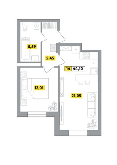 Продажа 2-комнатной квартиры 44,1 м², 1 этаж