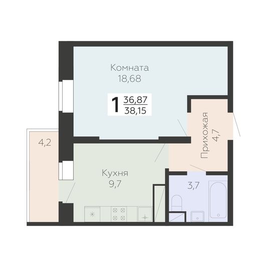 Продажа 1-комнатной квартиры 38,2 м², 12/22 этаж