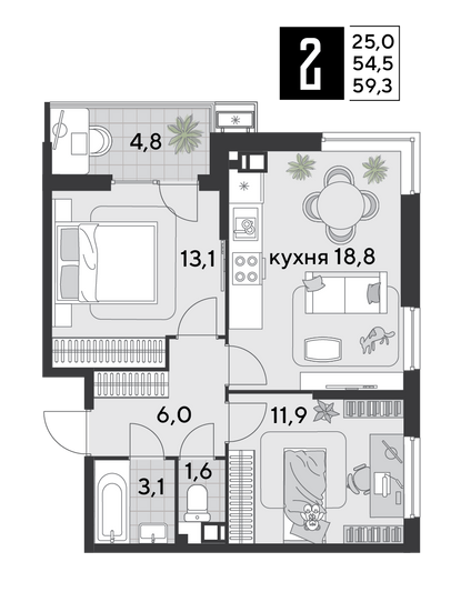 Продажа 2-комнатной квартиры 59,3 м², 4/18 этаж