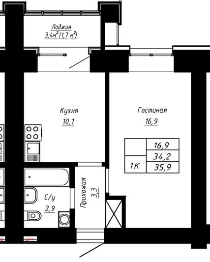Продажа 1-комнатной квартиры 35,9 м², 2/16 этаж