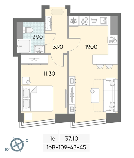 Продажа 1-комнатной квартиры 37,1 м², 43/58 этаж