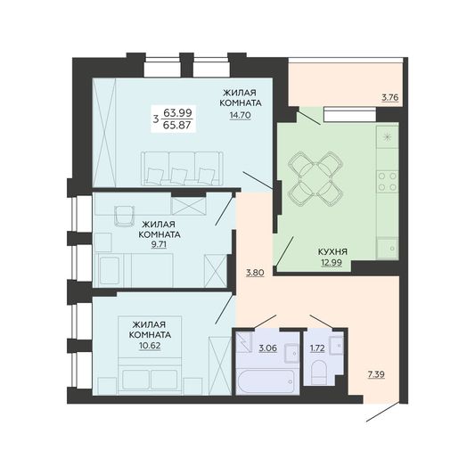 Продажа 3-комнатной квартиры 65,9 м², 3/21 этаж