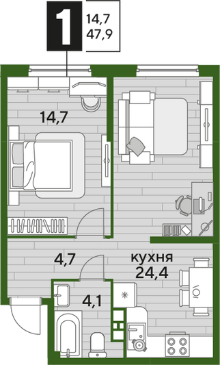 Продажа 1-комнатной квартиры 47,9 м², 4/16 этаж