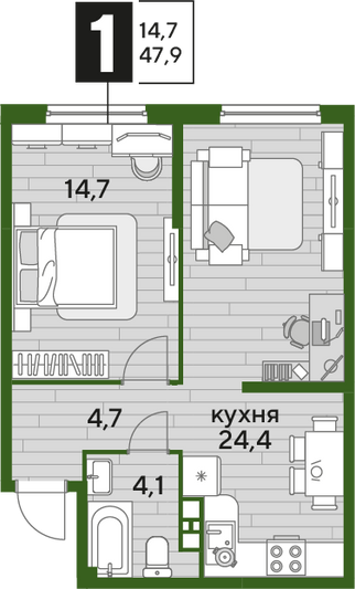 Продажа 1-комнатной квартиры 47,9 м², 8/16 этаж