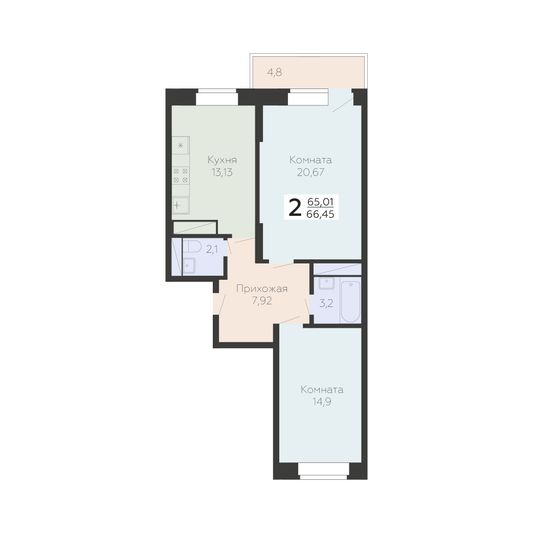 Продажа 2-комнатной квартиры 66,4 м², 12/22 этаж