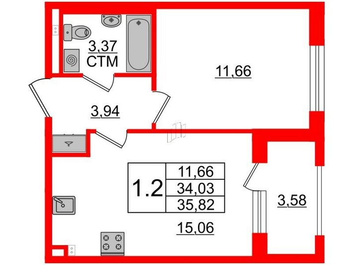 Продажа 1-комнатной квартиры 34 м², 2/4 этаж