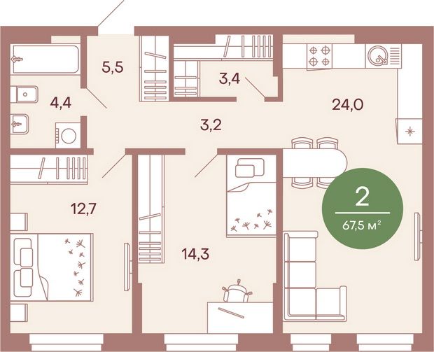 Продажа 2-комнатной квартиры 67,5 м², 1/17 этаж
