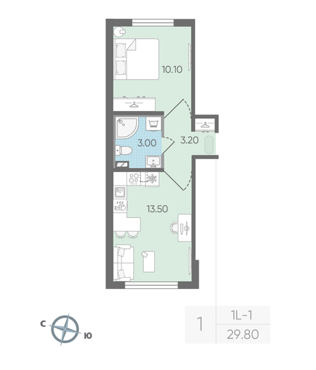 Продажа 1-комнатной квартиры 29,8 м², 2/24 этаж