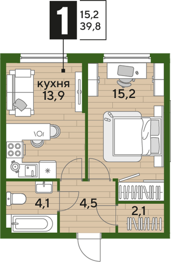 Продажа 1-комнатной квартиры 39,8 м², 2/16 этаж