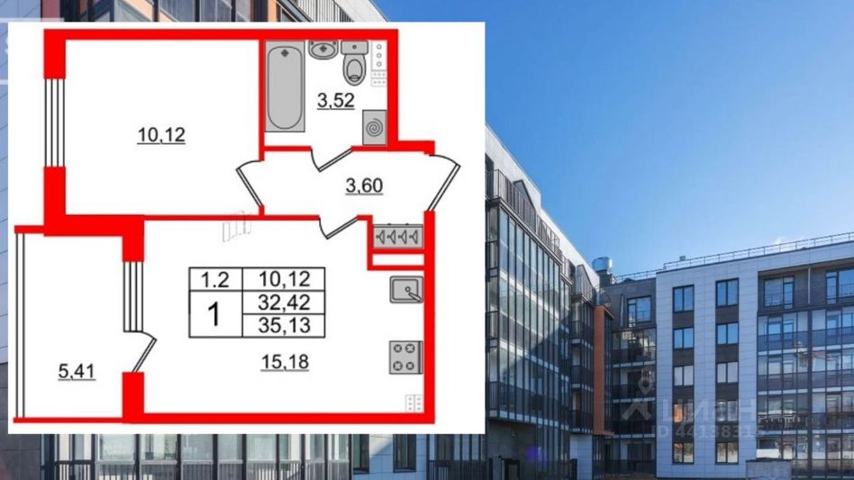 Продажа 1-комнатной квартиры 35,1 м², 3/5 этаж