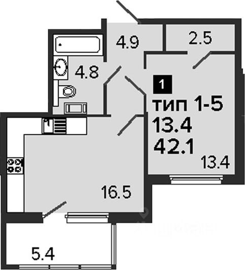 Продажа 1-комнатной квартиры 42,2 м², 5/8 этаж