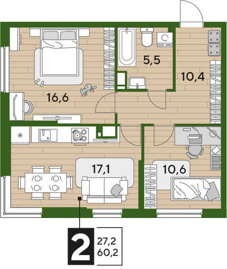 Продажа 2-комнатной квартиры 60,2 м², 11/16 этаж