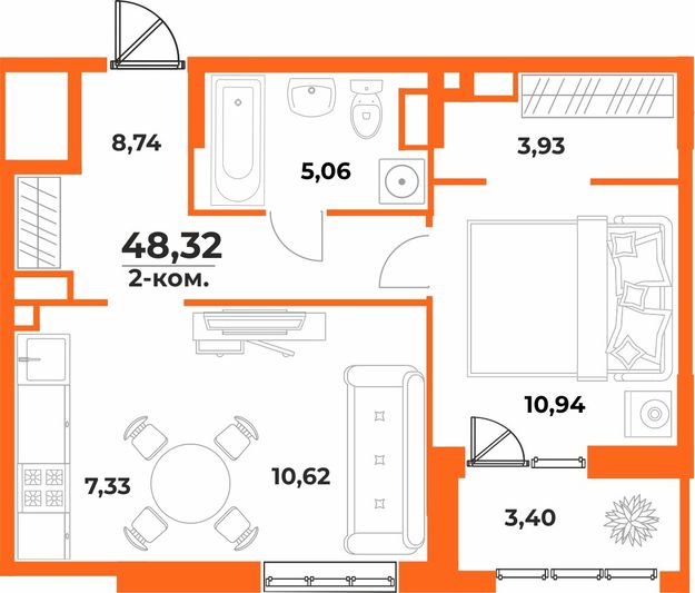 Продажа 2-комнатной квартиры 48,3 м², 9/10 этаж