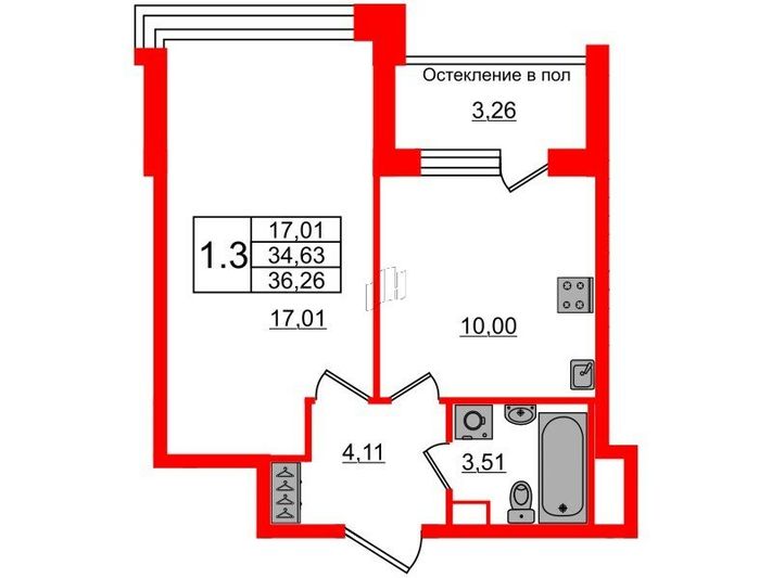 Продажа 1-комнатной квартиры 34,6 м², 3/12 этаж