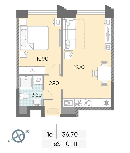 Продажа 1-комнатной квартиры 36,7 м², 11/58 этаж
