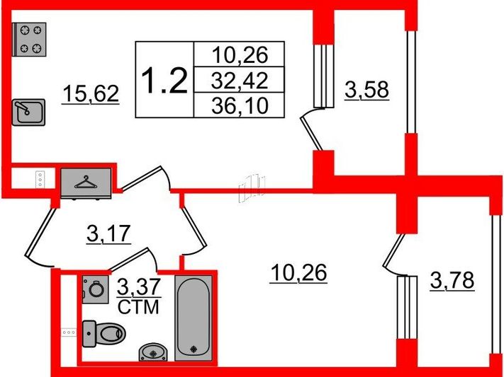 Продажа 1-комнатной квартиры 32,4 м², 2/4 этаж